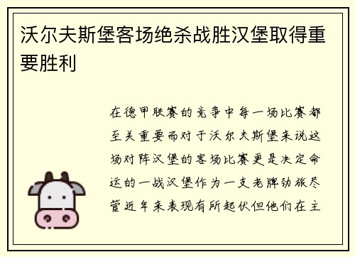 沃尔夫斯堡客场绝杀战胜汉堡取得重要胜利