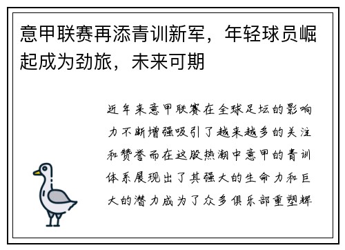 意甲联赛再添青训新军，年轻球员崛起成为劲旅，未来可期