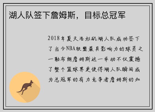 湖人队签下詹姆斯，目标总冠军